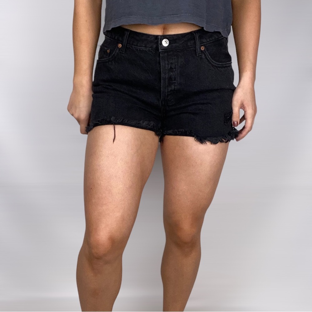 HOUSE OF HARLOW 1960 Frayed Raw Hem Distressed Denim Black Jean Shorts